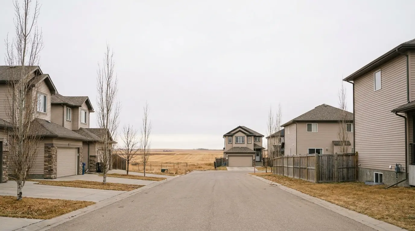 A 2000s Airdrie street of two-storey houses with attached garages on flat ground, with open fields past the last row of houses.