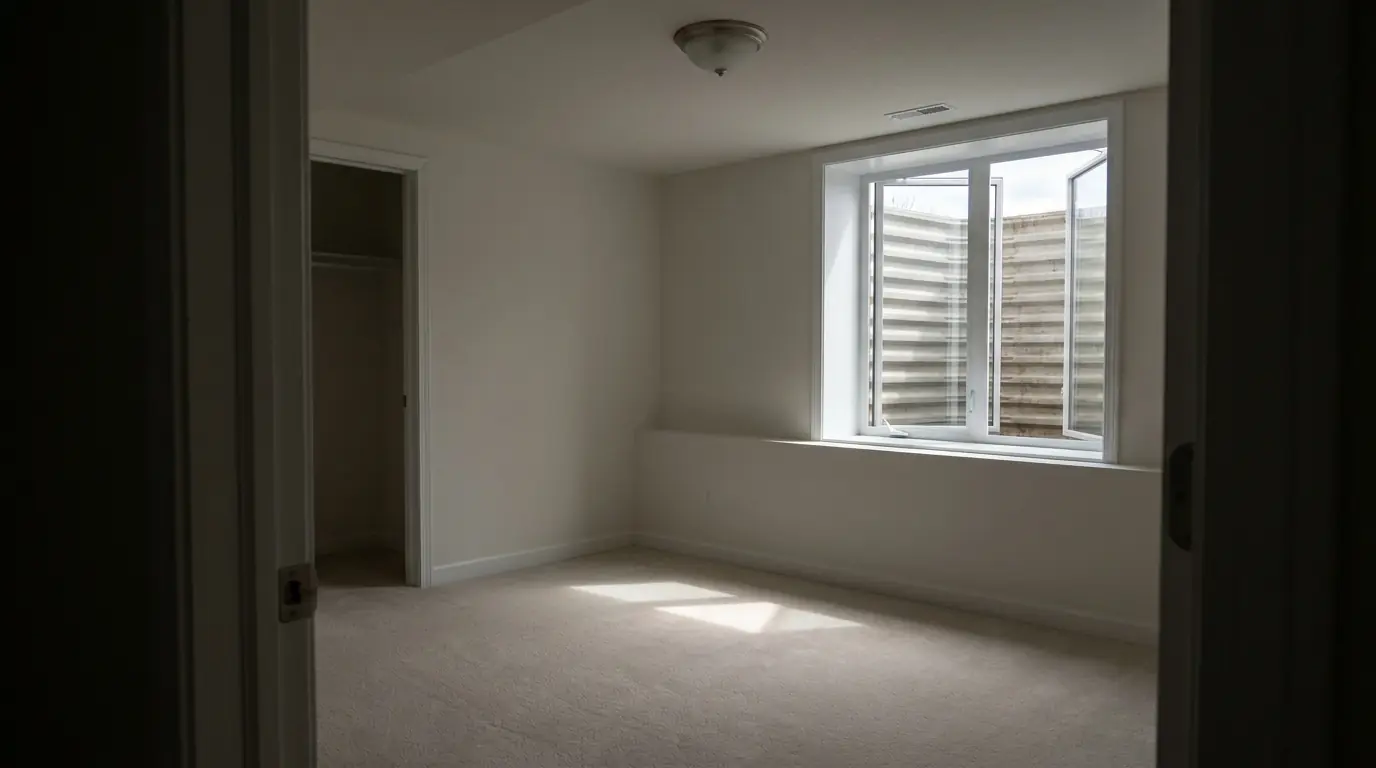 An empty basement bedroom with painted walls and pale carpet, with daylight from a large window high in one wall falling across the floor.