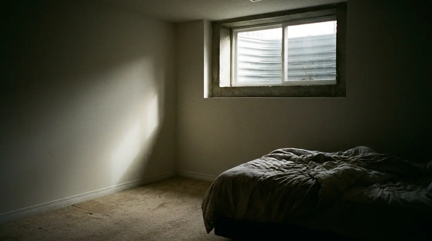 A dim finished basement room where the only window is a small narrow slider set high in a deep concrete reveal, far too small to climb through.