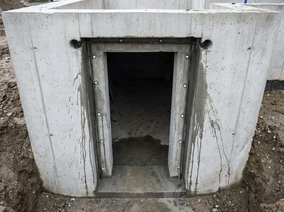 A tall doorway sawn through a thick poured concrete foundation wall, with square cut edges and cut ends of rebar visible in the reveal.