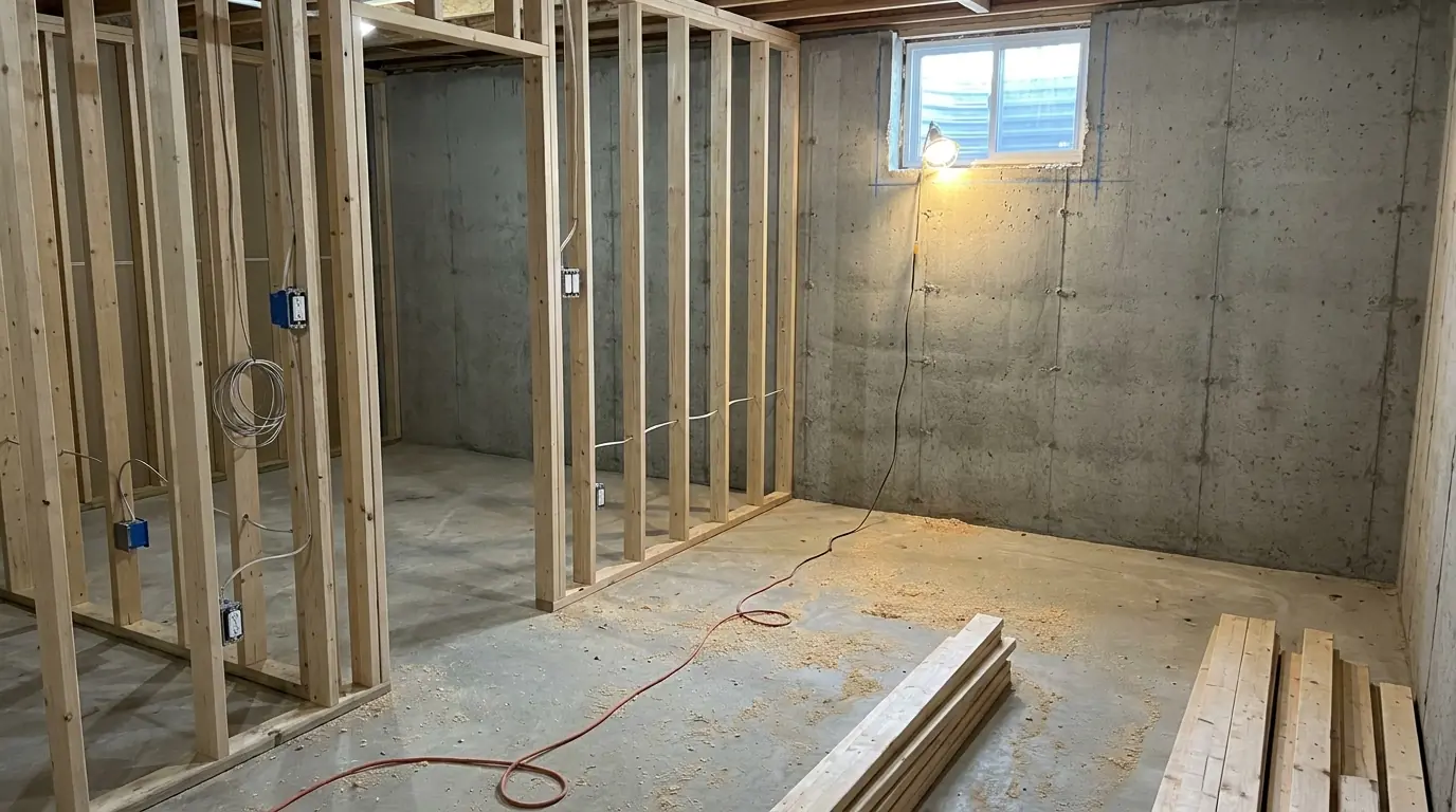 A part-framed basement where new stud walls stop at a bare concrete foundation wall, with a small window high in the wall and chalk lines on it.