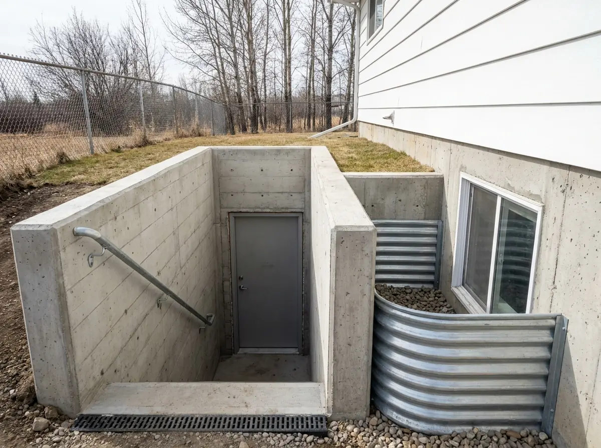 Concrete steps descending between formed retaining walls to a door in the foundation of a bungalow, with a steel handrail on one side.