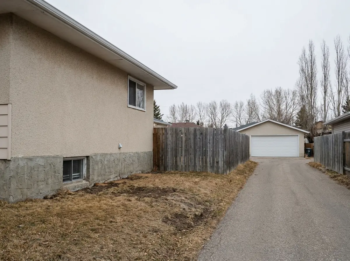 The side of a 1950s Calgary stucco bungalow from the back lane, with a narrow strip of grass between the foundation and a wood fence.