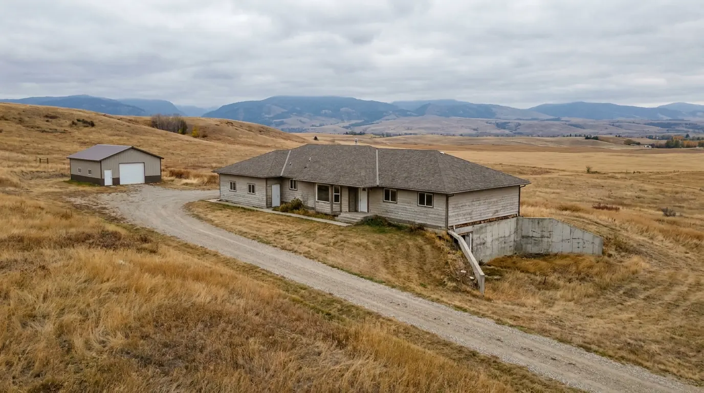 A large bungalow on a rural acreage outside Cochrane, with a long gravel driveway, open ground on all sides and the foothills on the horizon behind it.