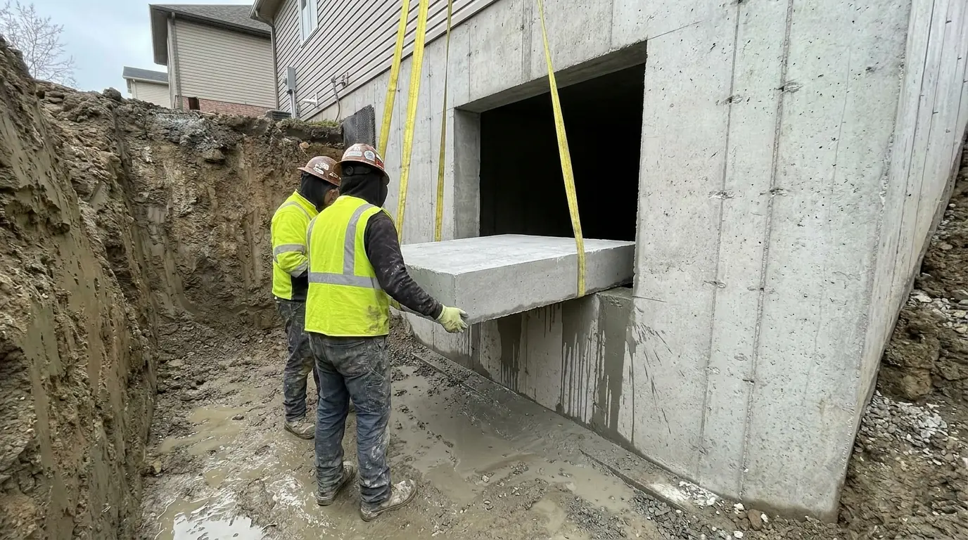 Two workers in hi-vis and hard hats using lifting straps to take an intact rectangular slab of sawn concrete out of an opening in a foundation wall.