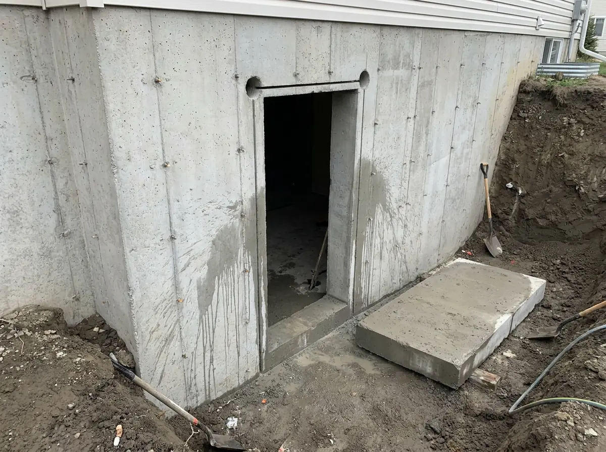 A tall square-edged doorway cut clean through a thick poured concrete foundation wall, showing the wall thickness and cut reinforcing bar in the reveal.