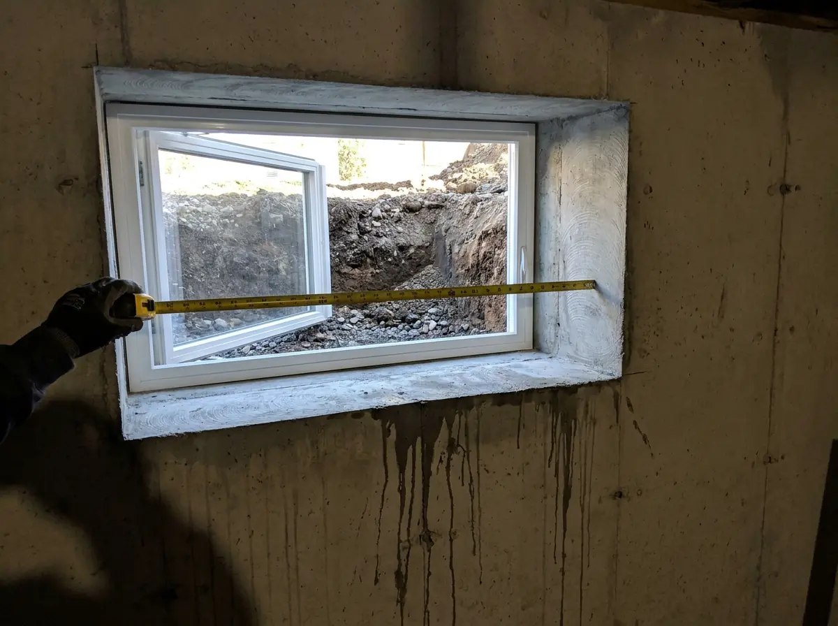 A steel tape measure held across a wide-open casement window, measuring the space a person could pass through rather than the frame.