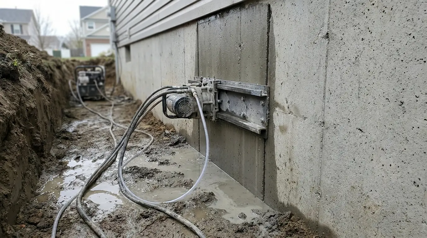 A hydraulic wall saw part way through a vertical cut in an exposed concrete foundation wall, with hoses and grey slurry pooling in the trench.