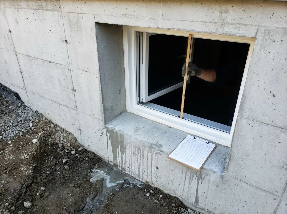 A gloved hand holding a folding rule up against the open sash of a basement casement window while a clipboard rests on the sill.