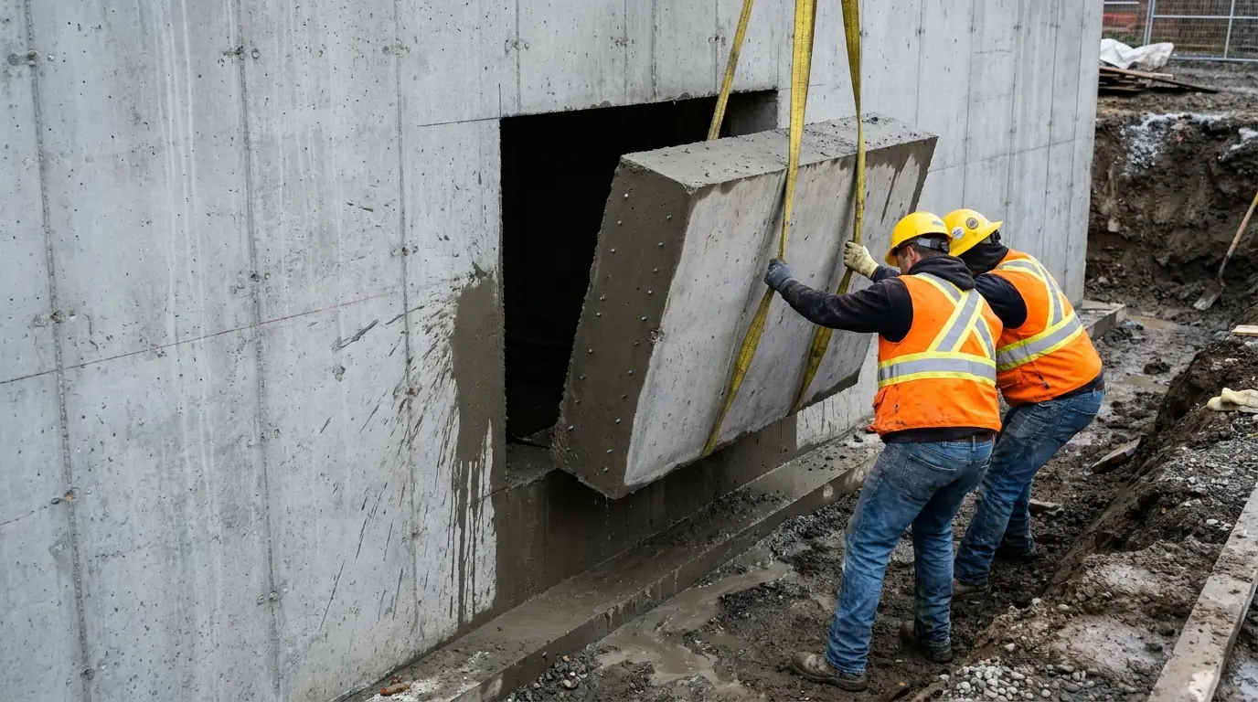 Two workers with lifting straps easing an intact sawn slab of concrete out of a rectangular opening in a foundation wall.