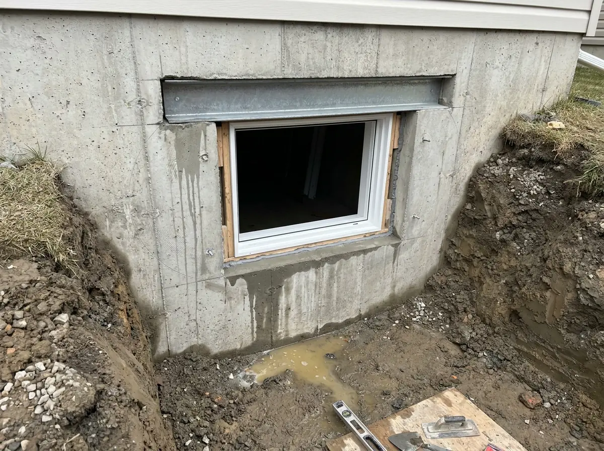 A white casement window fitted into a freshly sawn opening in a concrete foundation wall, under a galvanized steel angle lintel.