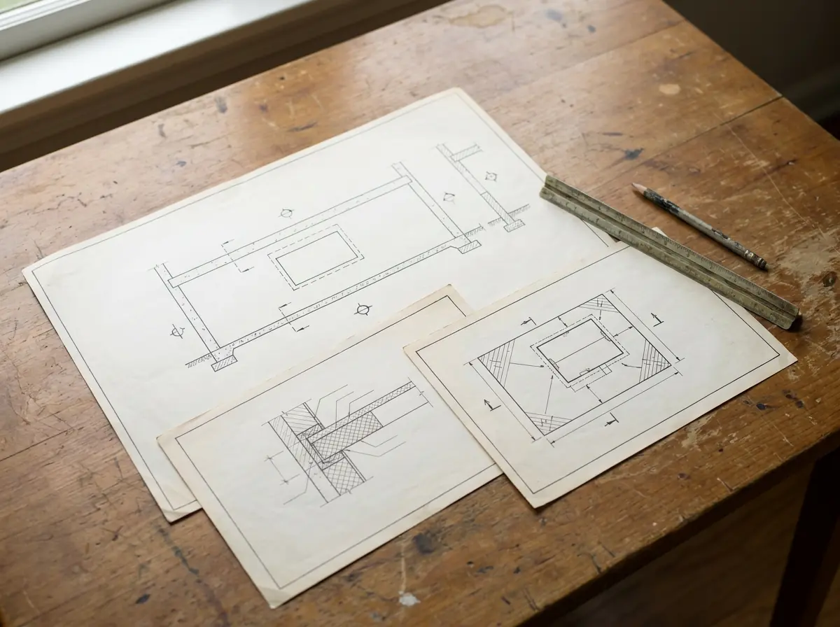 Drawings on a table showing a foundation wall elevation with a rectangular opening, a lintel section and a site plan, beside a scale rule.