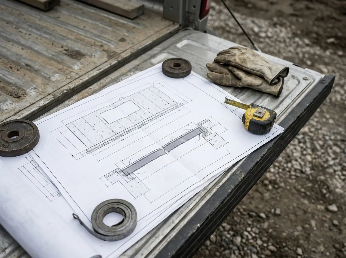 Structural drawings of a foundation wall opening and lintel detail spread on a truck tailgate, under a tape measure and work gloves.