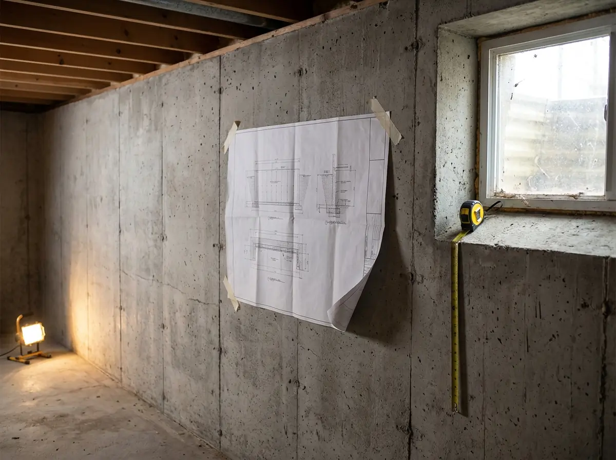 A technical drawing of a foundation wall opening taped to the bare concrete wall of an unfinished basement, beside a small existing window.