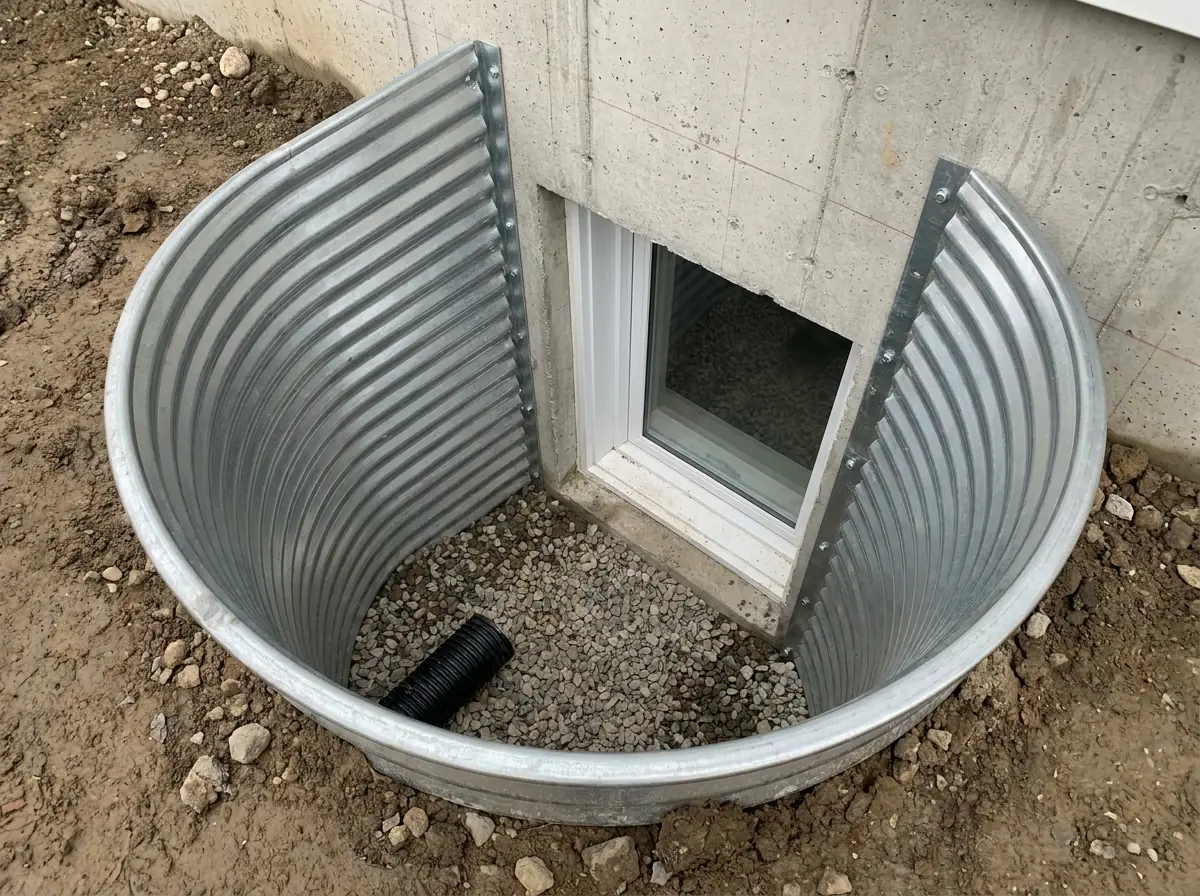 Looking down into a corrugated galvanized window well bolted to a concrete foundation, with washed stone in the bottom and a basement window behind.