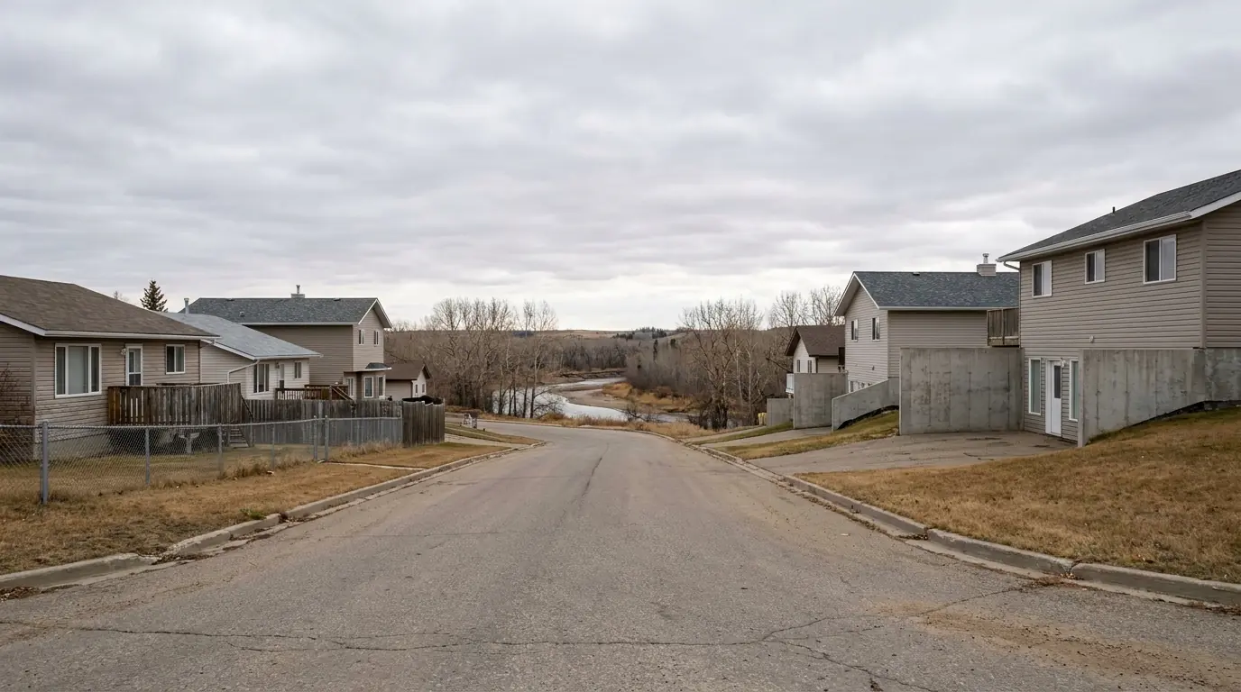 Houses on an Okotoks street where the ground drops toward the treed Sheep River valley, the downhill homes showing tall exposed foundations.