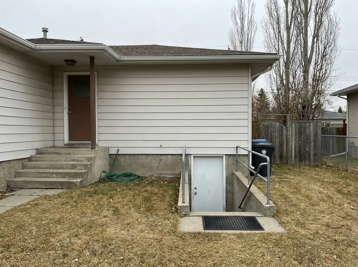 The side of a bungalow with two entrances: a main door up concrete steps, and a second door at the bottom of a stairwell dug beside the house.