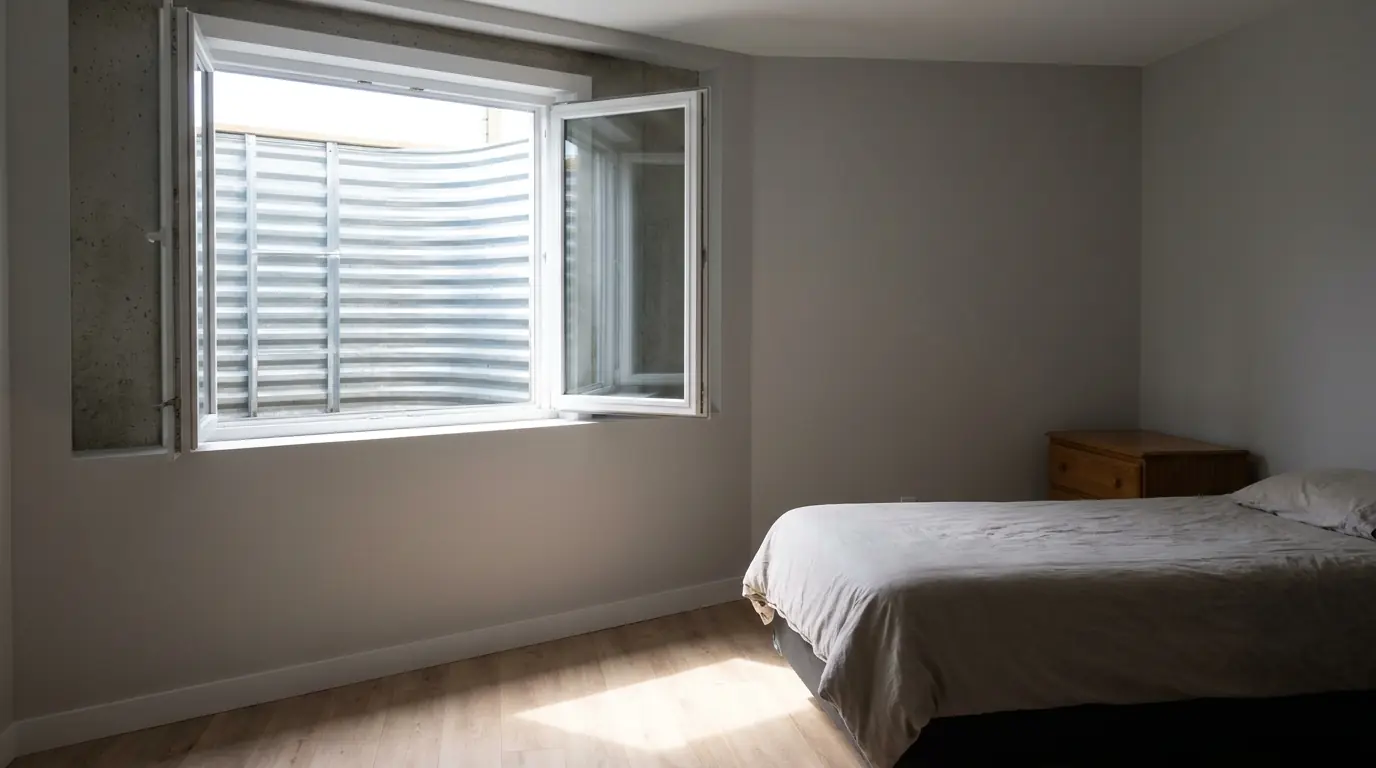 A finished basement bedroom lit through a wide white casement window standing open high in the wall, with the window well visible outside.