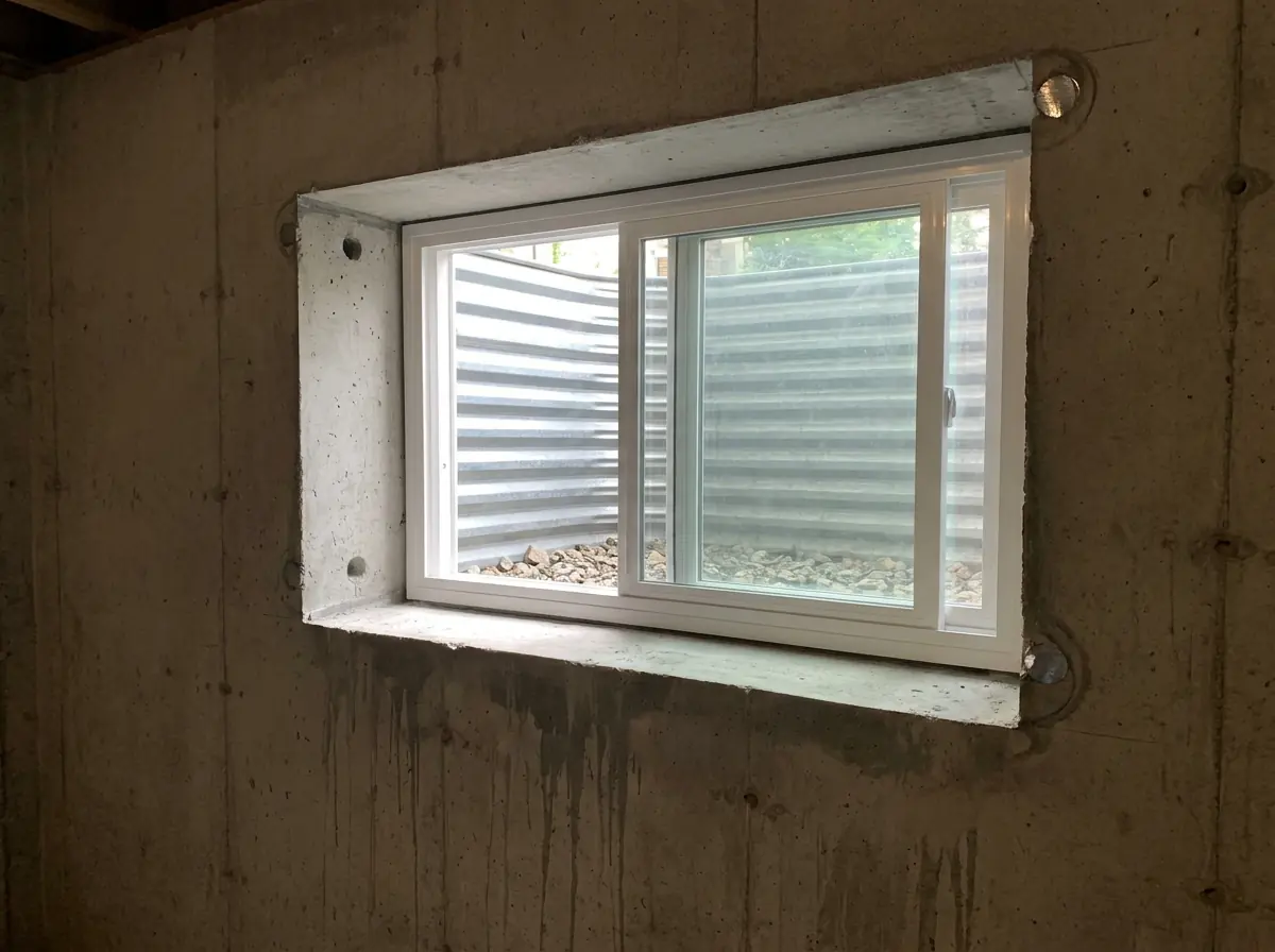 A white vinyl slider basement window pushed fully open, so only half the width of the frame is an opening and the other half is still glass.
