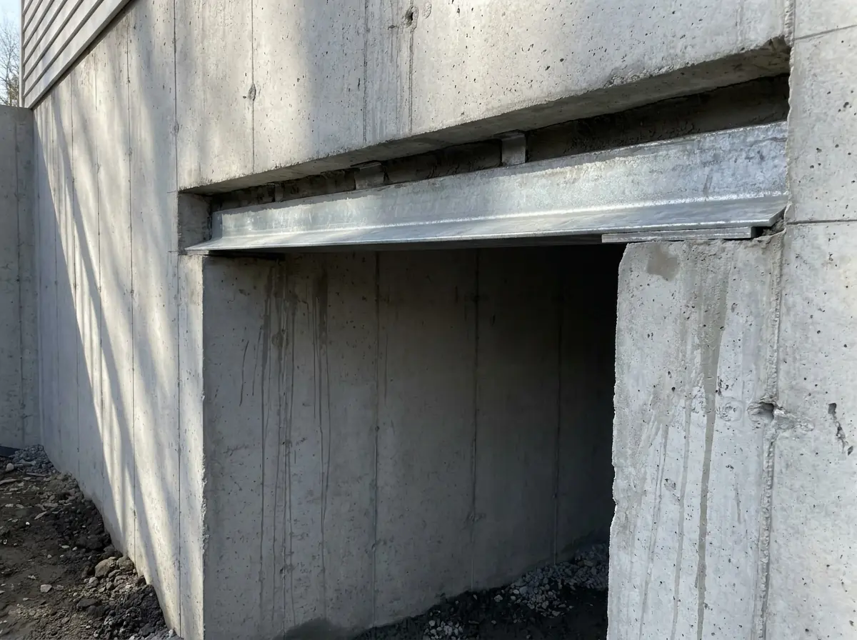 A galvanized steel angle spanning the head of a sawn opening in a concrete foundation wall, its ends bearing on the solid concrete on either side.