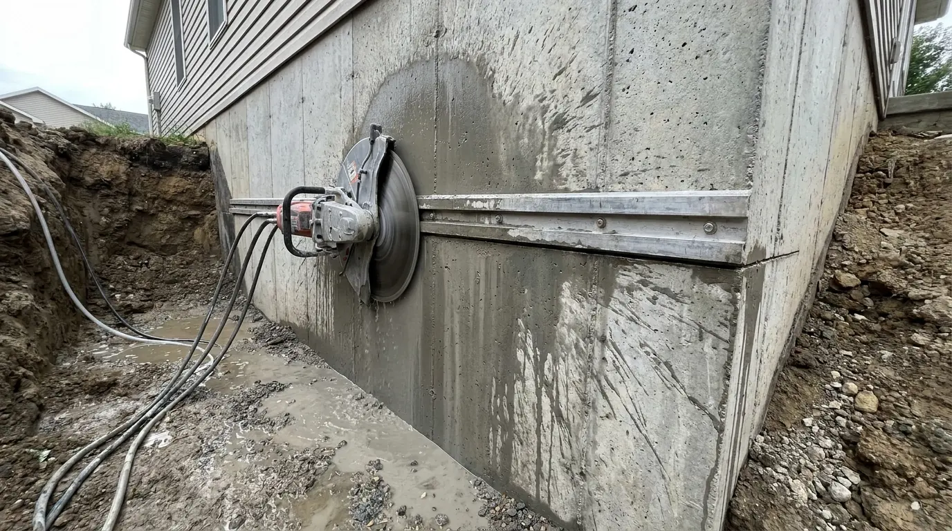 A diamond-blade track saw on a steel rail bolted to a concrete foundation wall, cutting the top line of a rectangular window opening.