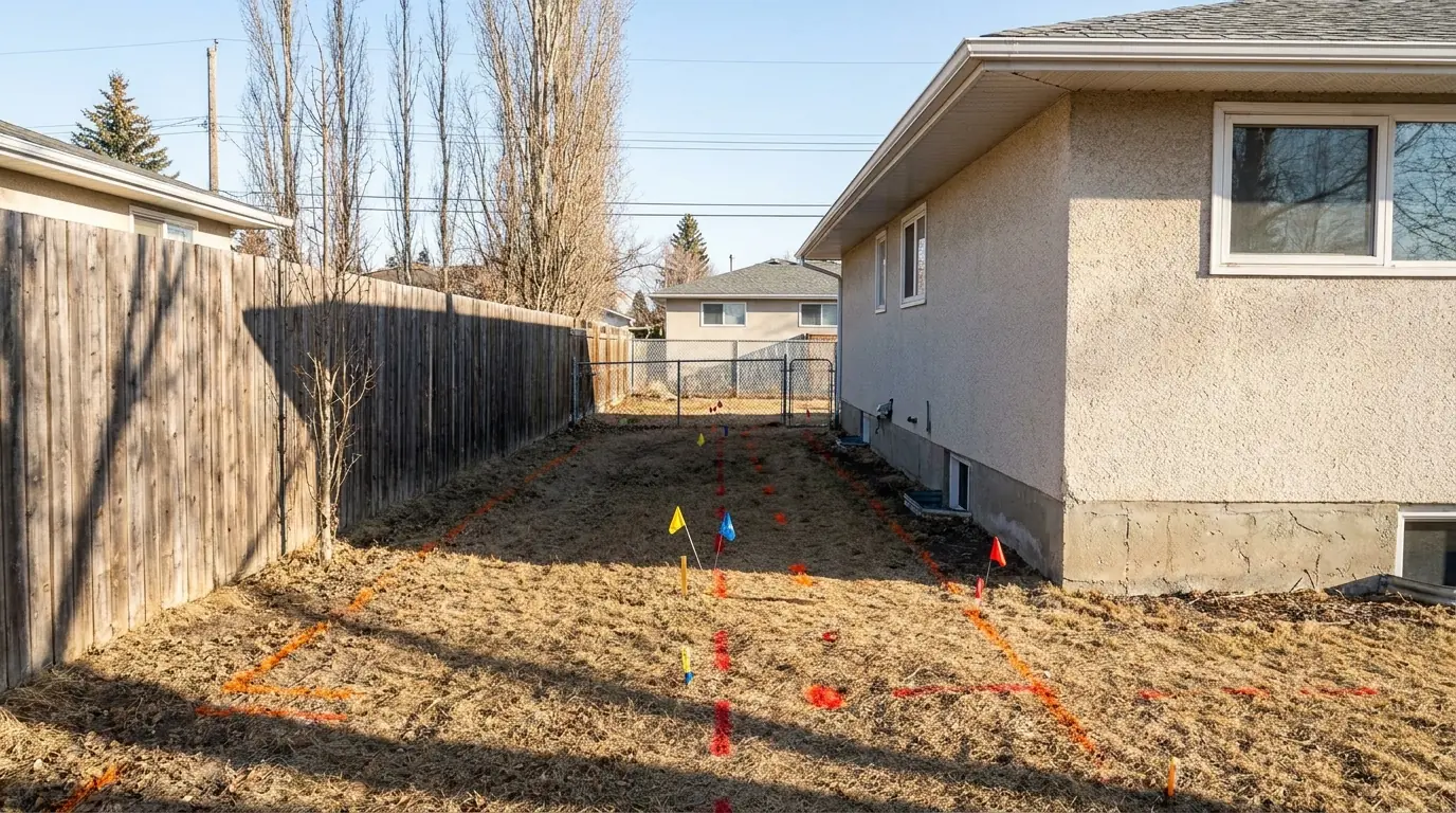 Spray-paint lines and marker flags on a side-yard lawn beside a house foundation, marking buried utilities before excavation.
