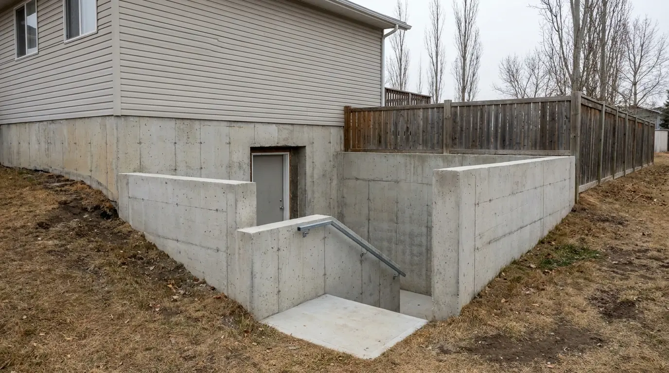 A house on a lot that falls away to one side, with concrete steps descending between formed retaining walls to a door in the exposed foundation wall.
