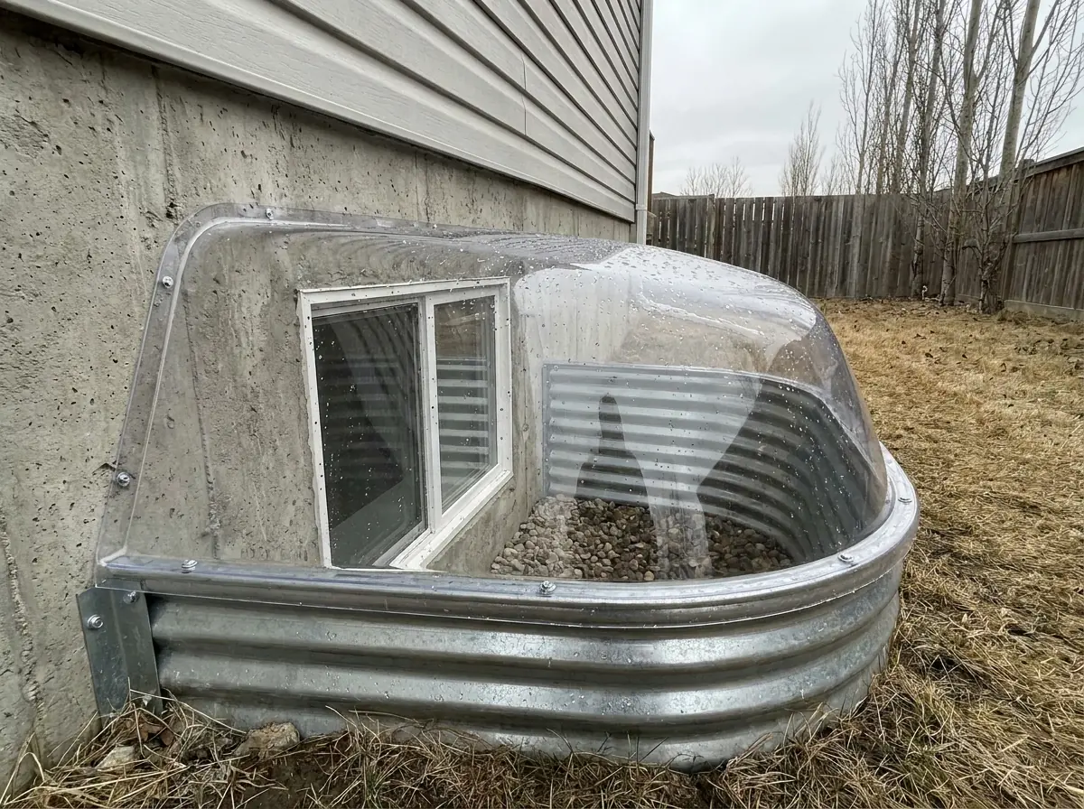 A clear domed polycarbonate cover sitting over the rim of a corrugated galvanized window well, with the basement window and drainage rock visible through it.