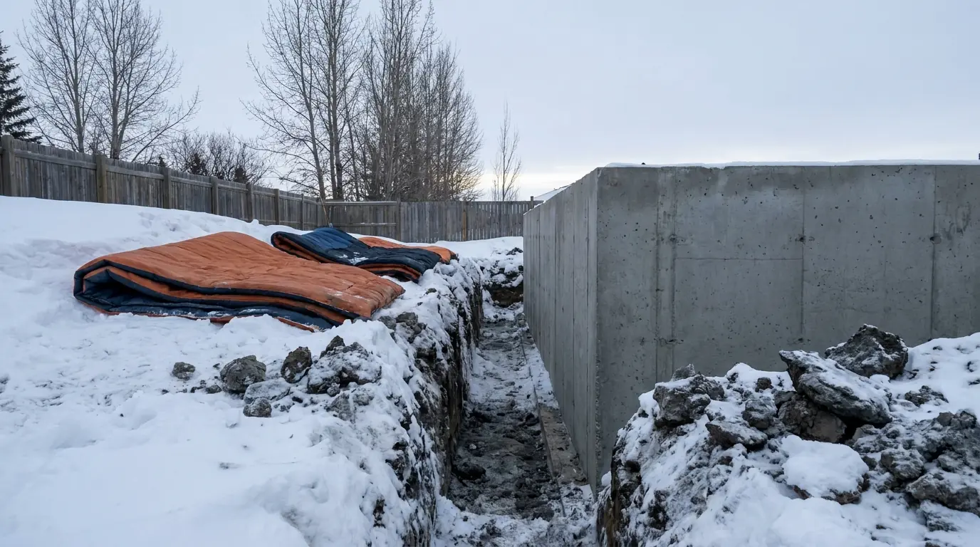 A trench dug through snow and frozen ground beside a house to expose the concrete foundation wall, with ground-thaw blankets folded back beside it.